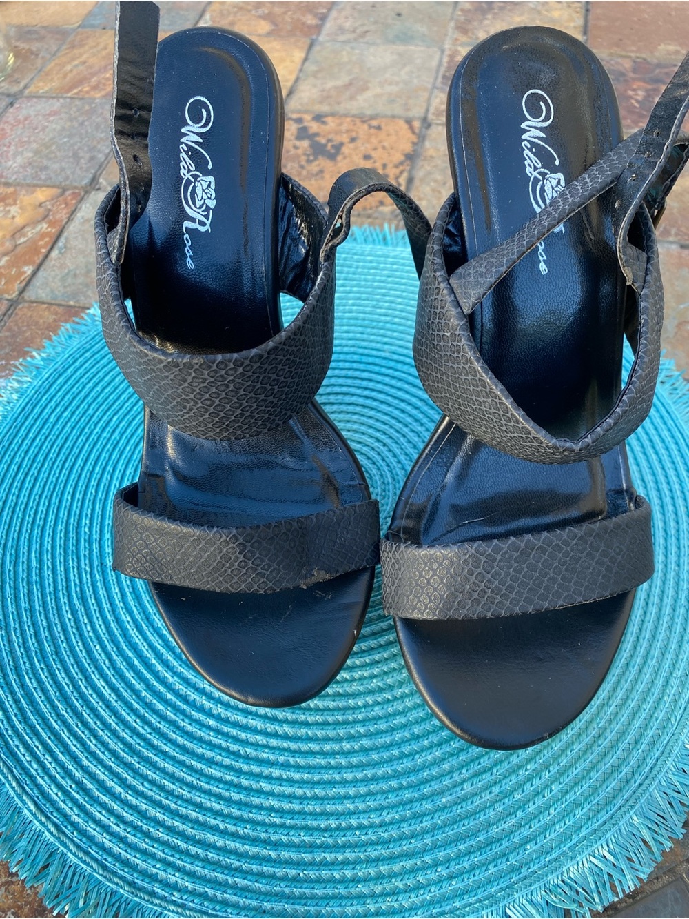 Wild Rose Black Textured Strap Block Heel Sandals